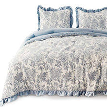 Load image into Gallery viewer, KASENTEX All Season Quilted Comforter Set Chic Modern Printed Pattern Down Alternative Fill 3-Piece with Stylish Boarder Trim Design(Floral Blue, King + 2 King Shams)
