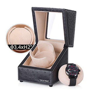 TRIPLE TREE Single Watch Winder Newly Upgraded, with Flexible Plush Pillow, in Wood Shell and Black Leather, Japanese Motor, 4 Rotation Mode Setting, Fit Lady and Man Automatic Watches