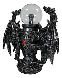 Ebros Gift Mythical Fantasy Gothic Guardian Dragon Duo with Crystal Static Plasma Storm Ball Table Lamp Sculpture Medieval Home Decor Globe Lights As Enchanting Renaissance Dragons Accent Statue