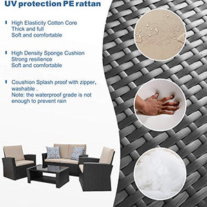 Shintenchi 4 Piece Outdoor Patio Furniture Sets, Wicker Rattan Sectional Sofa Couch with Glass Coffee Table for Backyard, Porch, Garden and Poolside Outdoor Patio Conversation Sets, Black