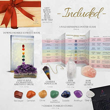 Load image into Gallery viewer, Premium Healing Crystals Kit in Wooden Box - 7 Chakra Set Tumbled Stones, Rose Quartz, Amethyst Cluster, Crystal Points, Chakra Pendulum + 82 Page E-Book + 20x6 Reference Guide Poster, Ribbon Bow
