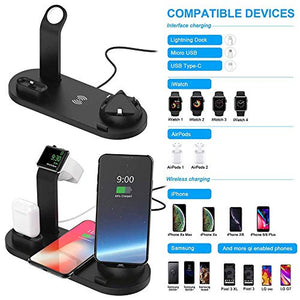 Wireless Charger, Botee 6 in 1 Wireless Charging Dock for iPhone X/Xs/7ps/7/6s/8/8Plus/i-Watch/AirPods, Qi Fast Wireless Charging Stand Compatible for iPhone Samsung [2019 Upgrade] (Black)