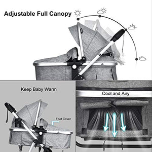INFANS Newborn Baby Stroller Carriage, 2 in 1 High Landscape Convertible Reversible Bassinet Pram, Foldable Aluminum Alloy Pushchair with Adjustable Canopy, 3D Shock Absorption PU Wheels (Light Grey)
