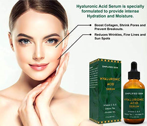 Hyaluronic Acid Serum for Face & Eyes (2 oz) with Vitamin C, E & Green Tea for Anti-Aging, Moisturizing, Antioxidant & Wrinkle Treatment. Best Hydrating Pure Facial Serum by Simplified Skin