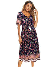 Load image into Gallery viewer, Arach&amp;Cloz Women's Boho Tie Neck Printed Short Sleeve Floral Summer Loose Tassels Casual Midi Dress with Pockets (Floral03,XL)
