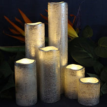 Load image into Gallery viewer, LED Lytes Flameless Timer LED Candles Slim Set of 6, 2&quot; Wide and 2&quot;- 9&quot; Tall, Silver Coated Wax and Flickering Warm White Flame for Home and Wedding Decor
