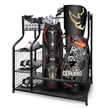 Load image into Gallery viewer, Mythinglogic Golf Storage Garage Organizer, 2 Golf Bag Storage Stand and Other Golfing Equipment Rack &amp; 4 Removable Hooks, Extra Large Design for Golf Clubs Accessories
