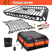 Load image into Gallery viewer, MeeFar Roof Rack Carrier Basket Universal Rooftop Cargo Carrier Basket 51&quot; X 36&quot; X 5&quot; + Waterproof Cargo Bag 15 Cubic Feet (44&quot; 34&quot; 17&quot;), and Cargo Net with Attachment Hooks, Ratchet Straps
