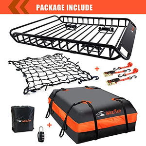 MeeFar Roof Rack Carrier Basket Universal Rooftop Cargo Carrier Basket 51" X 36" X 5" + Waterproof Cargo Bag 15 Cubic Feet (44" 34" 17"), and Cargo Net with Attachment Hooks, Ratchet Straps