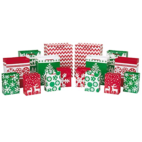 Image Arts Holiday Gift Bag Assortment, Red and Green Snowflakes, Reindeer, Chevron (Pack of 16 Small, Medium, Large Bags for Classrooms, Treats, Gift Exchanges)