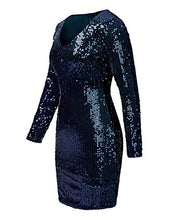 Load image into Gallery viewer, Mixfeer Women Sexy Bodycon Dress V Neck Long Sleeve Sequin Cocktail Party Club Evening Mini Dress Blue
