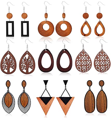 Finrezio 9 Pairs Wooden Earrings Natural Wood Earrings Lightweight Teardrop Earrings Ethnic African Drop Earrings for Women