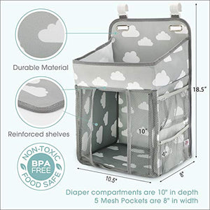 Hanging Diaper Caddy Organizer - Diaper Stacker for Changing Table, Crib, Playard or Wall & Nursery Organization Baby Shower Gifts for Newborn (Gray Cloud)