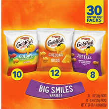 Load image into Gallery viewer, Pepperidge Farm Goldfish Crackers Big Smiles with Cheddar, Colors, and Pretzel Crackers, Snack Packs, 30 Count Variety Pack Box
