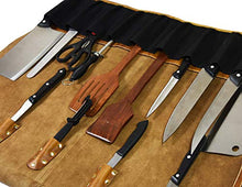 Load image into Gallery viewer, Leather Knife Roll Storage Bag, Elastic and Expandable 10 Pockets, Adjustable/Detachable Shoulder Strap, Travel-Friendly Chef Knife Case Roll By Aaron Leather (Caramel, Leather)
