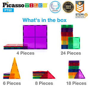 PicassoTiles 60 Piece Set 60pcs Magnet Building Tiles Clear Magnetic 3D Building Blocks Construction Playboards - Creativity Beyond Imagination, Inspirational, Recreational, Educational, Conventional