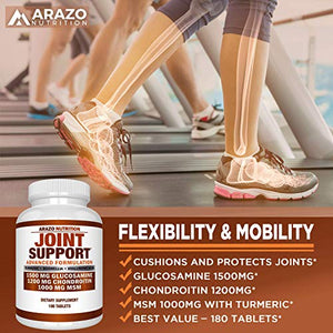 Glucosamine Chondroitin Turmeric MSM Boswellia - Joint Support Supplement for Relief 180 Tablets - Arazo Nutrition
