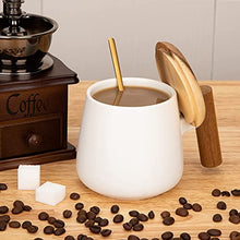Load image into Gallery viewer, GOOD ALWAYS Ceramic Coffee Mug, Tea Cup for Office and Home, 14 Oz Coffee Cups with Wood Lid and Golden Coffee Spoon, Christmas Gifts, House Warming Presents for New Home, 1 Pack (White)
