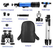 Load image into Gallery viewer, MaxUSee Travel Scope with Backpack - 70mm Refractor Telescope &amp; 10X50 HD Binoculars Bak4 Prism FMC Lens for Moon Viewing Bird Watching Sightseeing
