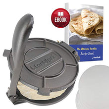 Load image into Gallery viewer, 10 Inch Cast Iron Tortilla Press by StarBlue with FREE 100 Pieces Oil Paper and Recipes e-book - Tool to make Indian style Chapati, Tortilla, Roti
