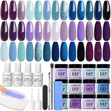 Load image into Gallery viewer, AZUREBEAUTY 31Pcs Dip Powder Nail Kit Starter, 20 Colors Purple Blue Glitter Dipping Powder Recycling Tray Essential Liquid Set with Base Top Coat Activator for French Dip Nails Art Manicure Set Beginner DIY Salon Women Gift
