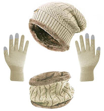 Load image into Gallery viewer, HINDAWI Winter Beanie Hat Neck Warmer Scarf and Touch Screen Gloves Set for Women Knit Skull Cap Infinity Circle Scarves Mittens Beige
