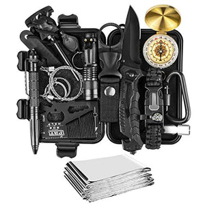 JINAGER Survival kit, Professional Emergency Survival gear 15 in 1, Upgraded Tactical Defense Tool for Hiking Camping Climbing Adventures, Emergency Tool Gift for Men Boy Car