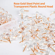 Load image into Gallery viewer, WenTao 150PCS Push Pins, Rose Gold Map Thumb Tacks, Large Size Pins Rose Gold Steel Point and Transparent Plastic Round Head for Bulletin Board, Fabric Marking, Crafts and Office Organization
