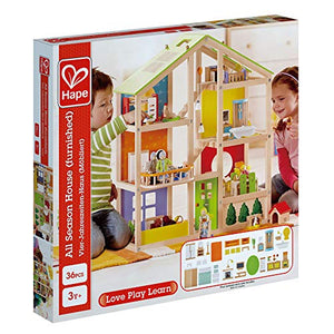 All Seasons Kids Wooden Dollhouse by Hape | Award Winning 3 Story Dolls House Toy with Furniture, Accessories, Movable Stairs and Reversible Season Theme L: 23.6, W: 11.8, H: 28.9 inch