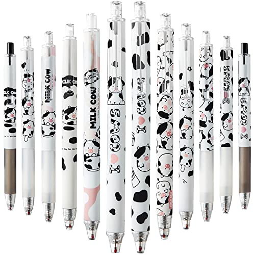 12 Pcs Cute Cow Pen Cartoon Gel Ink Pens with Grip 0.5 mm Black Cow Print Pens Retractable Kawaii Ballpoint Pen for Home Travel Office School Supplies Friends Teachers Students Study Accessories