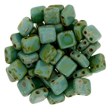 Load image into Gallery viewer, Czechmate 6mm Square Glass Czech Two Hole Tile Bead - Persian Turquoise Picasso
