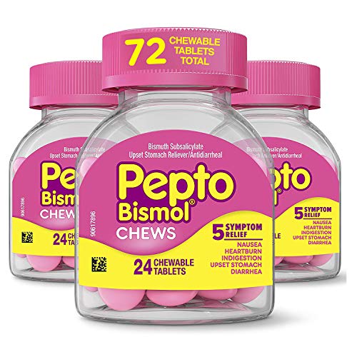 Pepto Bismol Chews, Upset Stomach Relief, Bismuth Subsalicylate, Multi-Symptom Relief of Gas, Nausea, Heartburn, Indigestion, Upset Stomach, Diarrhea 24 Chews (Pack of 3)
