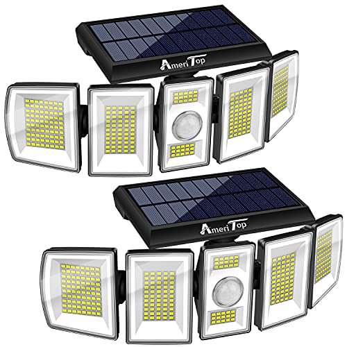 Solar Lights Outdoor – AmeriTop 300 LED 7000K Motion Sensor Lights Cordless; 5 Adjustable Heads, 360° Wide Angle Illumination, IP65 Waterproof, Security LED Flood Light for Patio Yard Garden 2 Pack