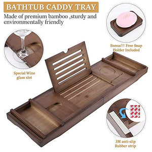 Bathtub Caddy Tray Bamboo Bathroom Organizer Expandable for Luxury Bath with Book Tablet Stand Wine Glass Candle Phone Holder Soap Dish Non-Slip Extending Sides Expands Up to 43 inch