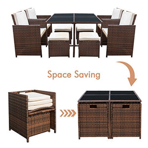 Devoko 9 Pieces Patio Dining Sets Outdoor Space Saving Rattan Chairs with Glass Table Patio Furniture Sets Cushioned Seating and Back Sectional Conversation Set (Beige)