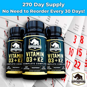 [270 Days] Best Value, Max Strength 10,000 iu Vitamin D3 and 1500 mcg Vitamin K2 Supplements. D3K2 Vegan Capsules for Bone and Heart Health. D3-K2 MK4 to Boost Immune System. Best K2D3 Vitamins 3pk