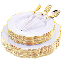 Load image into Gallery viewer, WDF 30Guest Gold Plastic Plates &amp; Disposable Gold Plastic Silverware With White Handle- Baroque White&amp;Gold Plastic Dinnerware for Upscale Wedding &amp;Parties
