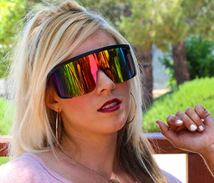 Elite Unisex Oversized Super Shield Mirrored Lens Sunglasses Retro Flat Top Matte Black Frame (Orange Rainbow)