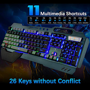 Gaming Keyboard Mouse & Mouse Pad Kit,3 in 1 Rainbow Backlit Rechargeable Wireless Keyboard Mouse with 3800mAh Battery Metal Panel Removable Hand Rest,RGB Gaming Mousepad(32.5x12inch),Gaming Mouse