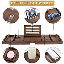 Load image into Gallery viewer, Bathtub Caddy Tray Bamboo Bathroom Organizer Expandable for Luxury Bath with Book Tablet Stand Wine Glass Candle Phone Holder Soap Dish Non-Slip Extending Sides Expands Up to 43 inch
