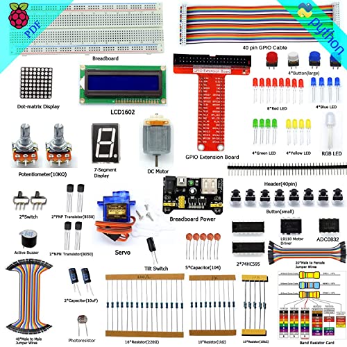 Adeept Super Starter Kit for Raspberry Pi 4 3, 2 Model B B+ LCD1602 Servo Motor C and Python Code, Beginner Starter Kit with User Manual Guidebook