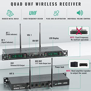 Wireless Microphone System, Phenyx Pro 4-Channel UHF Wireless Mic, Fixed Frequency Metal Cordless Mic with 4 Handheld Dynamic Microphones, 260ft Range, Microphone for Singing,Church,DJ (PTU-5000A)
