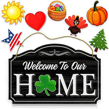 Load image into Gallery viewer, Bigtime Signs Welcome to Our Home - Wood Grain Print Door &amp; Wall Decor - 8 Interchangeable Holiday Magnets Halloween, Easter, Fall, Christmas, Valentines - Front Porch Hanging Plaque Decoration Black
