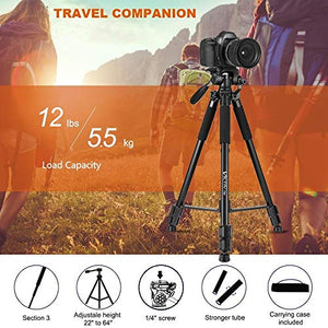 64-inch Tripod, Ultra Stable Aluminum Tripod Stand for Camera & Cell Phone with Phone Tripod Mount and Remote Shutter, Ideal for Videos, Vlogs and Social Media Live - Black