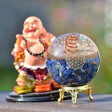Load image into Gallery viewer, Orgonite Crystal Lapis Lazuli Ball with Holder – Third Eye Chakra Crystal with Flower of Life Enhances Decision Making and Promotes Friendship, Honesty, Compassion and Integrity
