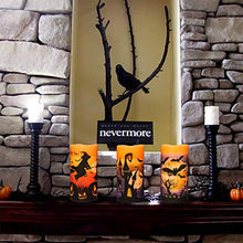 Load image into Gallery viewer, DRomance Flameless Flickering Candles Battery Operated with 6 Hour Timer, Set of 3 Real Wax LED Pillar Candles Warm Light with Castle, Witch, Bats Decal Halloween Decor Candles for Kids(D3&quot; x H6&quot;)
