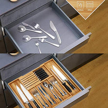 Load image into Gallery viewer, Bamboo Silverware Drawer Organizer Kitchen, Expandable Utensil Holder and Cutlery Tray with Divider | 13"-21.6" Flatware Storage and Removable Knife Block
