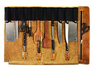 Leather Knife Roll Storage Bag, Elastic and Expandable 10 Pockets, Adjustable/Detachable Shoulder Strap, Travel-Friendly Chef Knife Case Roll By Aaron Leather (Caramel, Leather)