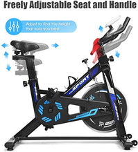 Load image into Gallery viewer, GYMAX Indoor Cycling Bike, Adjustable Exercise Bike with LCD Display, Comfortable Seat Cushion &amp; 5-Position Adjustable Saddle, Professional Exercise Bike for Home Office Gym (Black+Blue)
