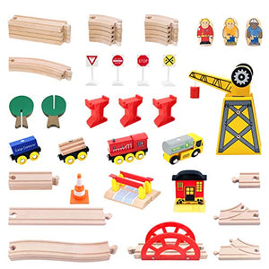 60 Pcs Crane Train Set-Wooden Tracks & Exclusive Crane & Trains- Fits Thomas, Chuggington, Melissa- Gift Packed Toy Railway Kits- Kids Friendly Building Toy for 3+ Years Old Girls & Boys